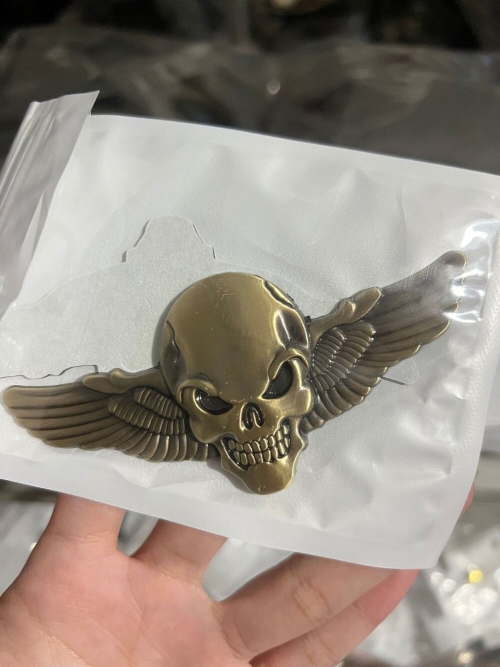 Bronze Harley Davidson Metal Skull with Wings Emblem 4.35x2 Inch Large